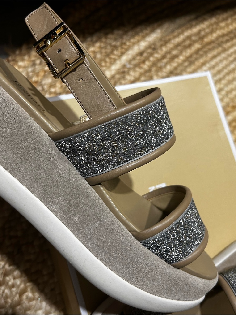 MICHAEL Michael Kors Taupe Glitter Strap Platform Sandal